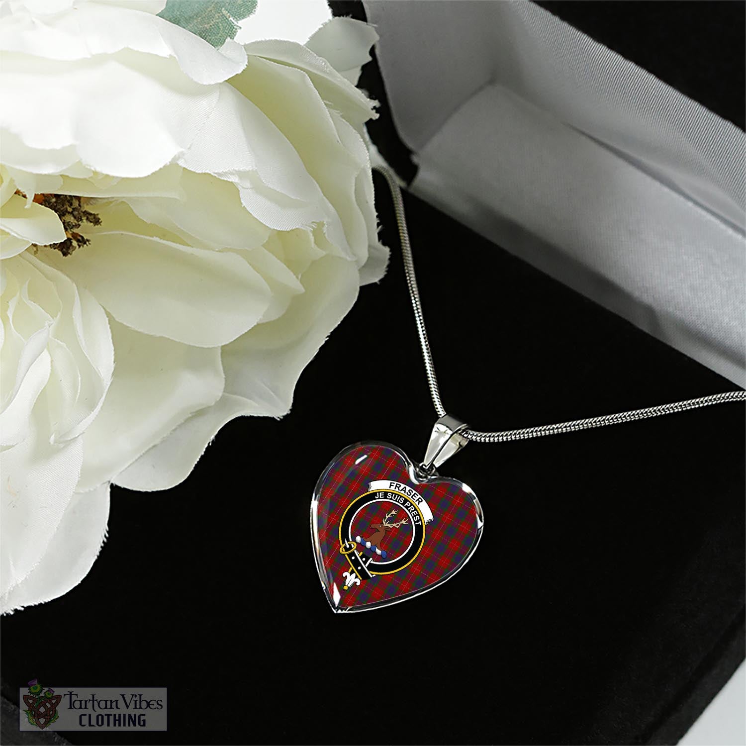 Tartan Vibes Clothing Fraser Tartan Heart Necklace with Family Crest