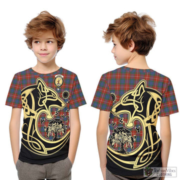 Fraser Ancient Tartan Kid T-Shirt with Family Crest Celtic Wolf Style