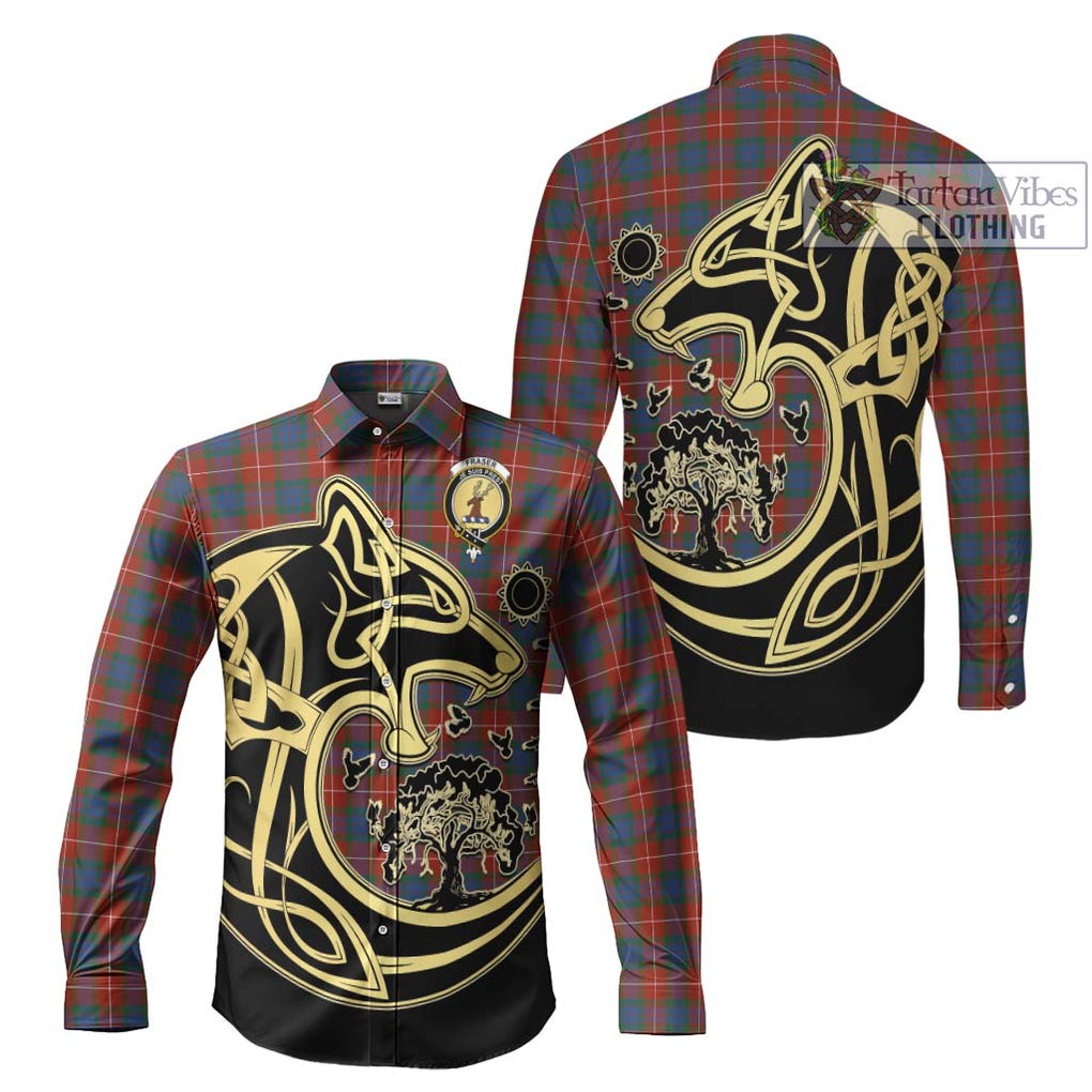 Fraser Ancient Tartan Long Sleeve Button Shirt with Family Crest Celtic Wolf Style Men's Shirt S - Tartan Vibes Clothing