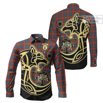 Fraser Ancient Tartan Long Sleeve Button Shirt with Family Crest Celtic Wolf Style