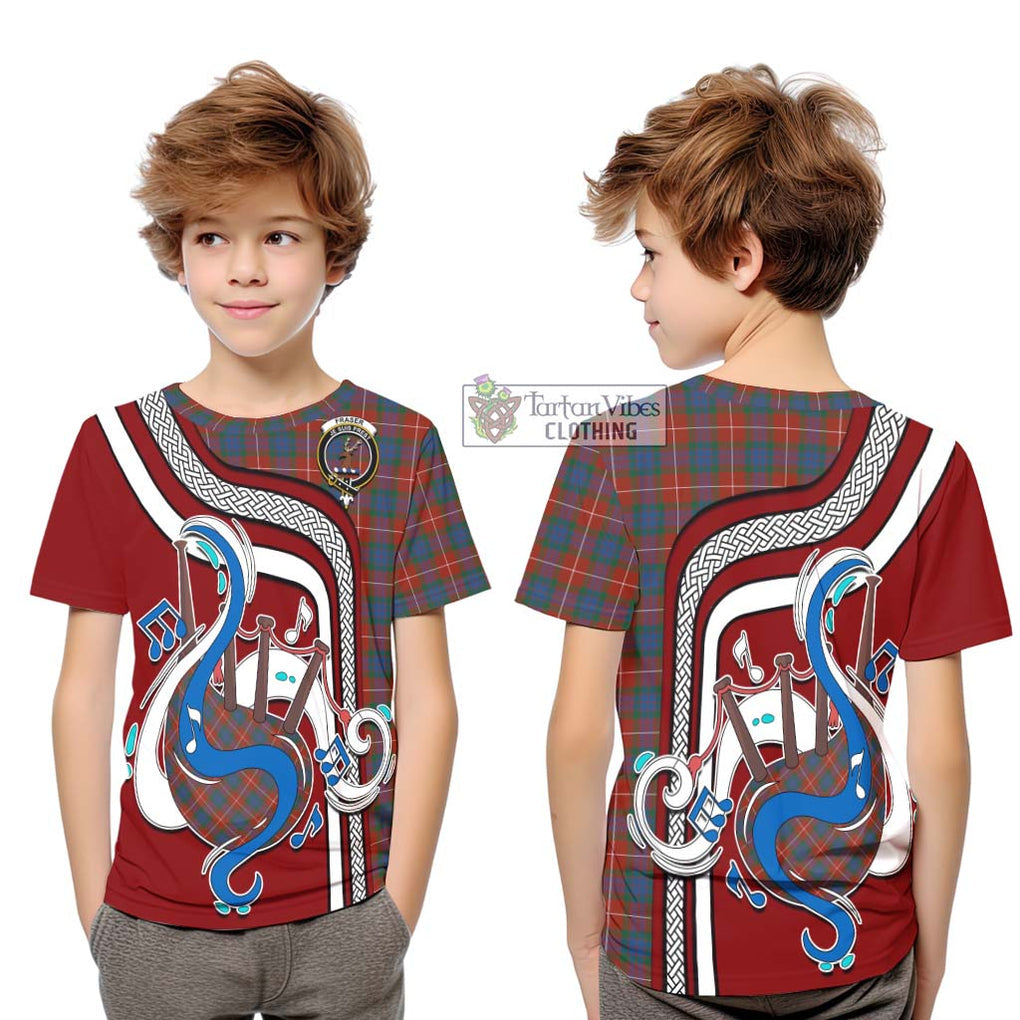 Tartan Vibes Clothing Fraser Ancient Tartan Kid T-Shirt with Epic Bagpipe Style