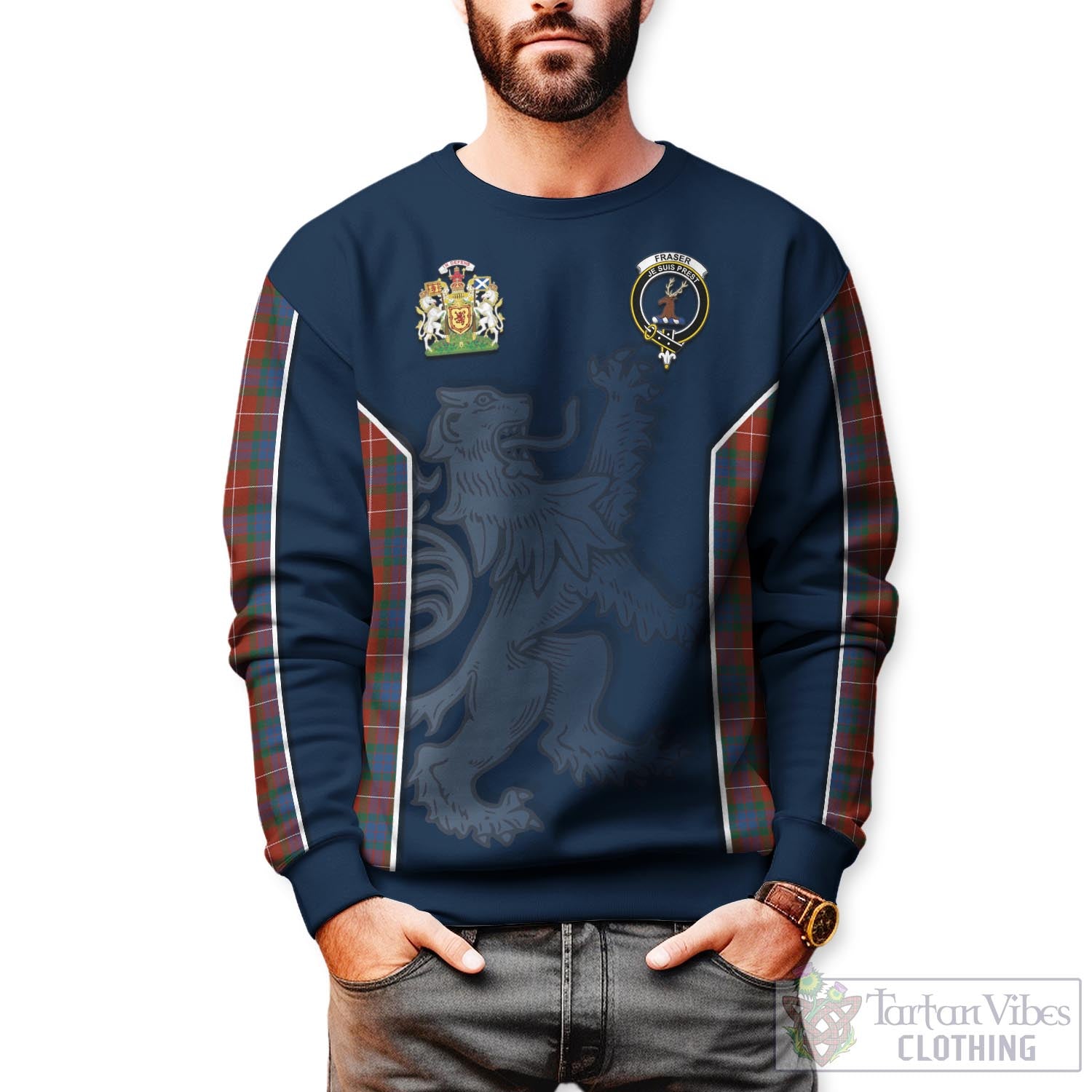 Tartan Vibes Clothing Fraser Ancient Tartan Sweater with Family Crest and Lion Rampant Vibes Sport Style