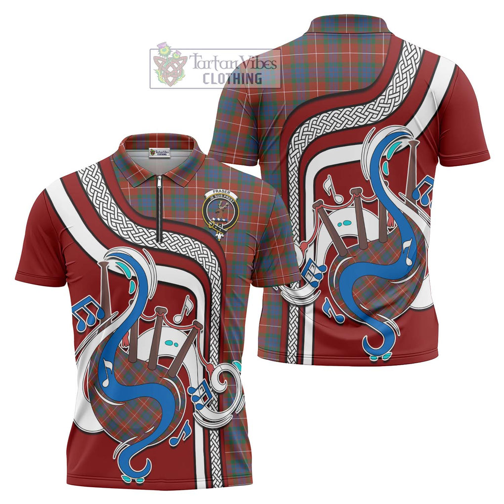 Fraser Ancient Tartan Zipper Polo Shirt with Epic Bagpipe Style Unisex - Tartanvibesclothing Shop