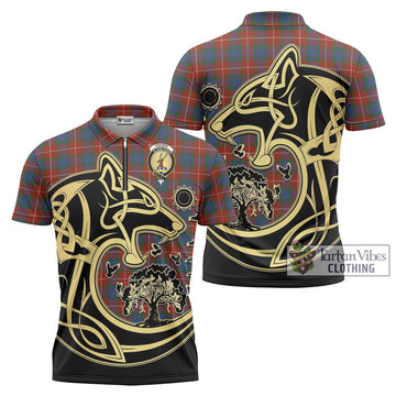 Fraser Ancient Tartan Zipper Polo Shirt with Family Crest Celtic Wolf Style