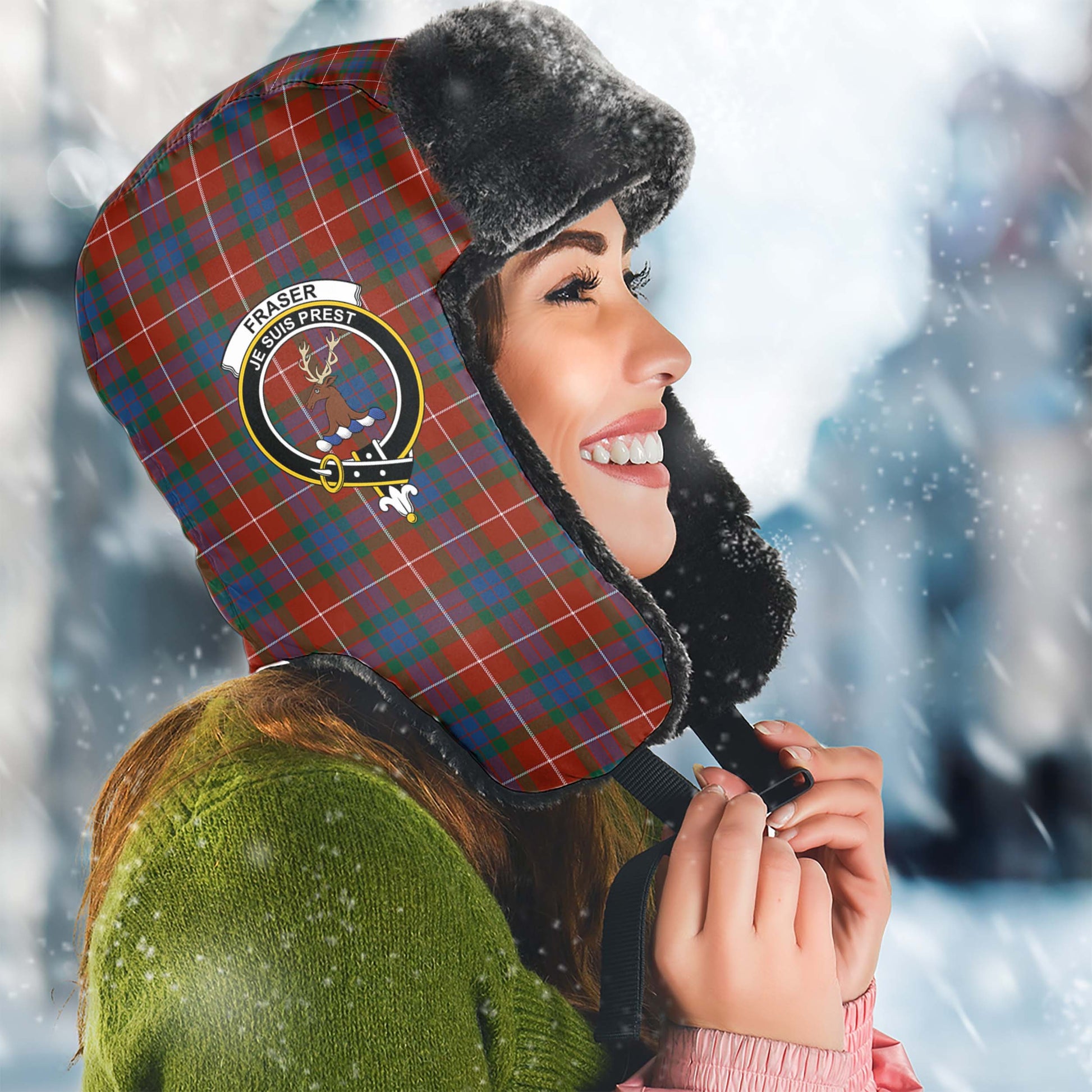 Fraser Ancient Tartan Winter Trapper Hat with Family Crest Winter Trapper Hat Universal Fit Circumference 22.8in (58cm) - Tartanvibesclothing