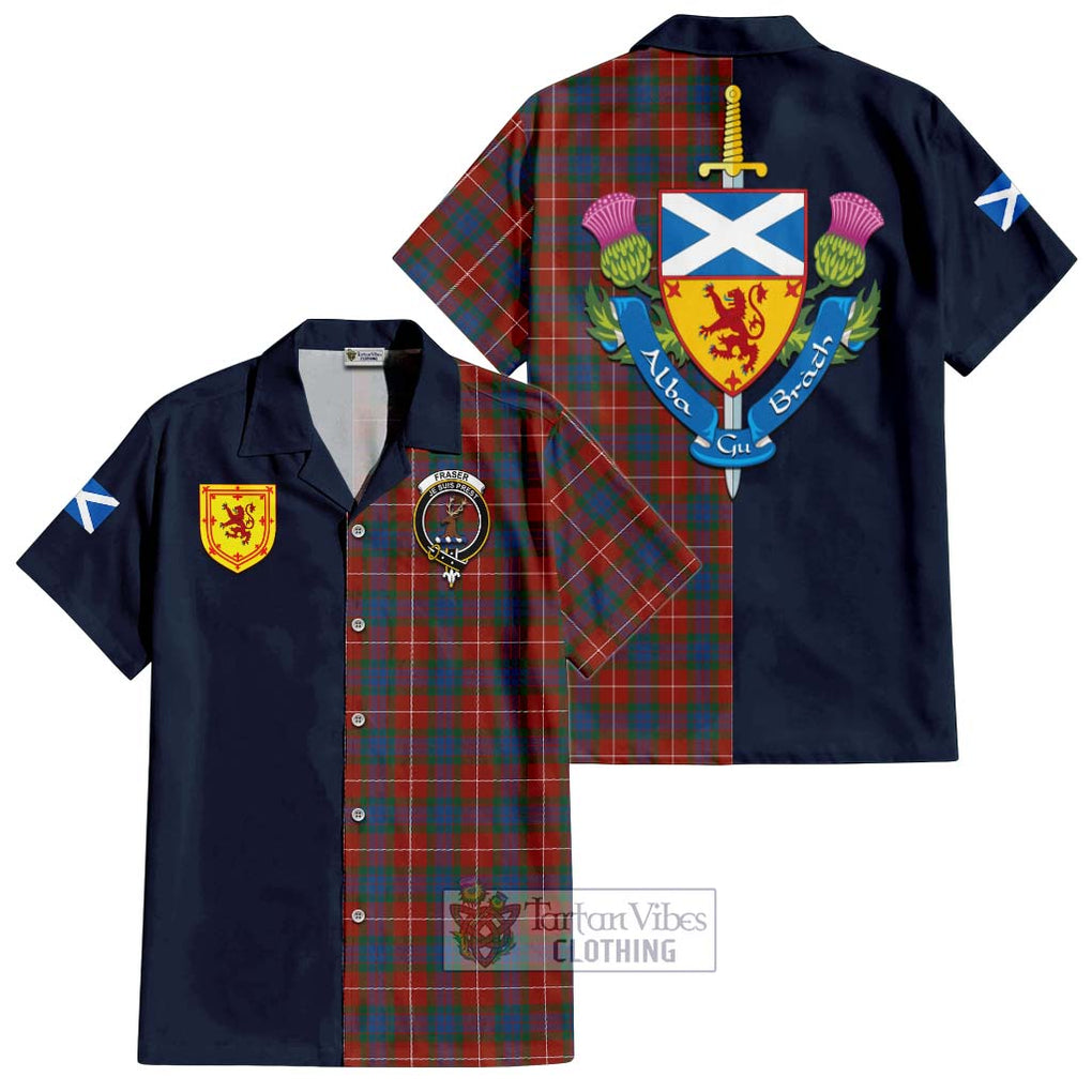 Tartan Vibes Clothing Fraser Ancient Tartan Short Sleeve Button Shirt with Scottish Lion Royal Arm Half Style