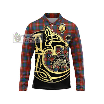 Fraser Ancient Tartan Long Sleeve Polo Shirt with Family Crest Celtic Wolf Style