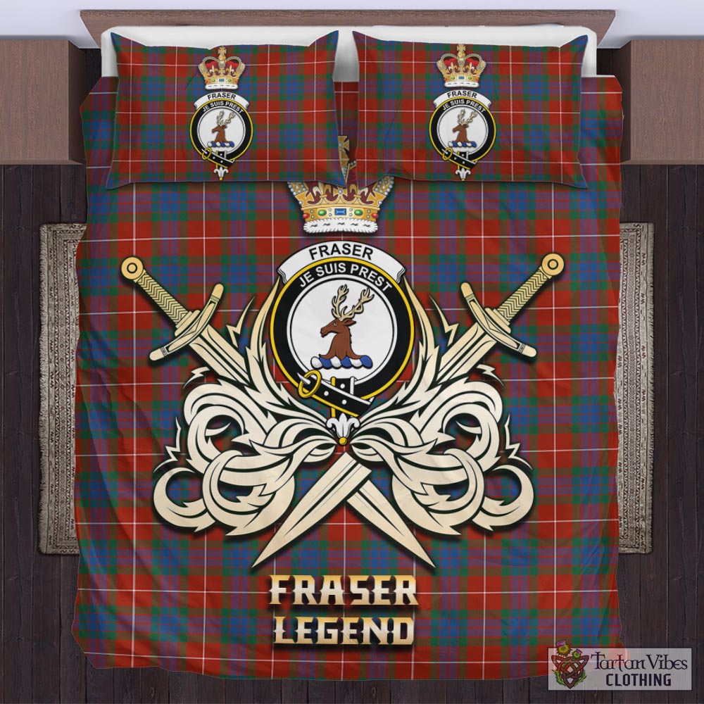 Tartan Vibes Clothing Fraser Ancient Tartan Bedding Set with Clan Crest and the Golden Sword of Courageous Legacy