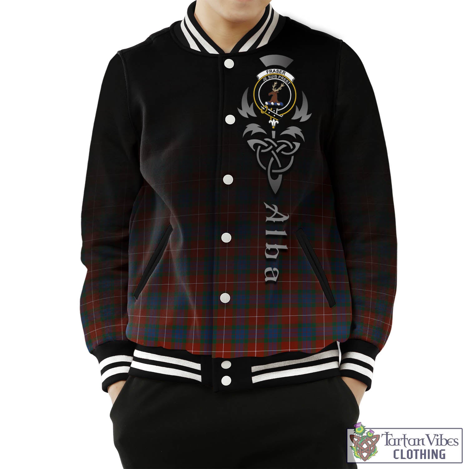 Tartan Vibes Clothing Fraser Ancient Tartan Baseball Jacket Featuring Alba Gu Brath Family Crest Celtic Inspired