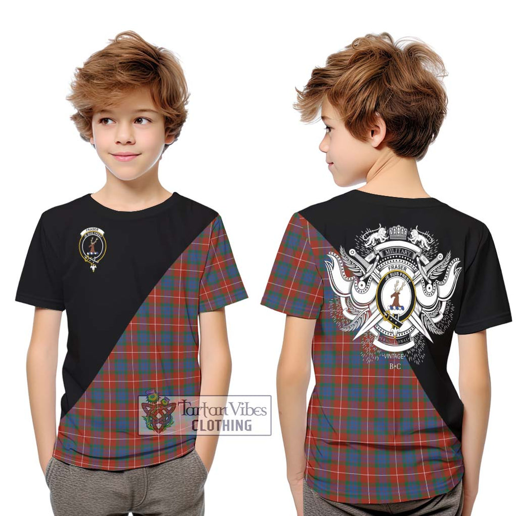 Fraser Ancient Tartan Kid T-Shirt with Family Crest and Military Logo Style Youth XL Size14 - Tartanvibesclothing Shop