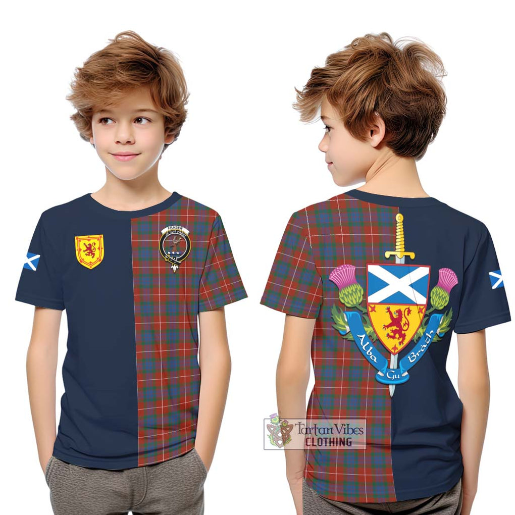 Tartan Vibes Clothing Fraser Ancient Tartan Kid T-Shirt with Scottish Lion Royal Arm Half Style