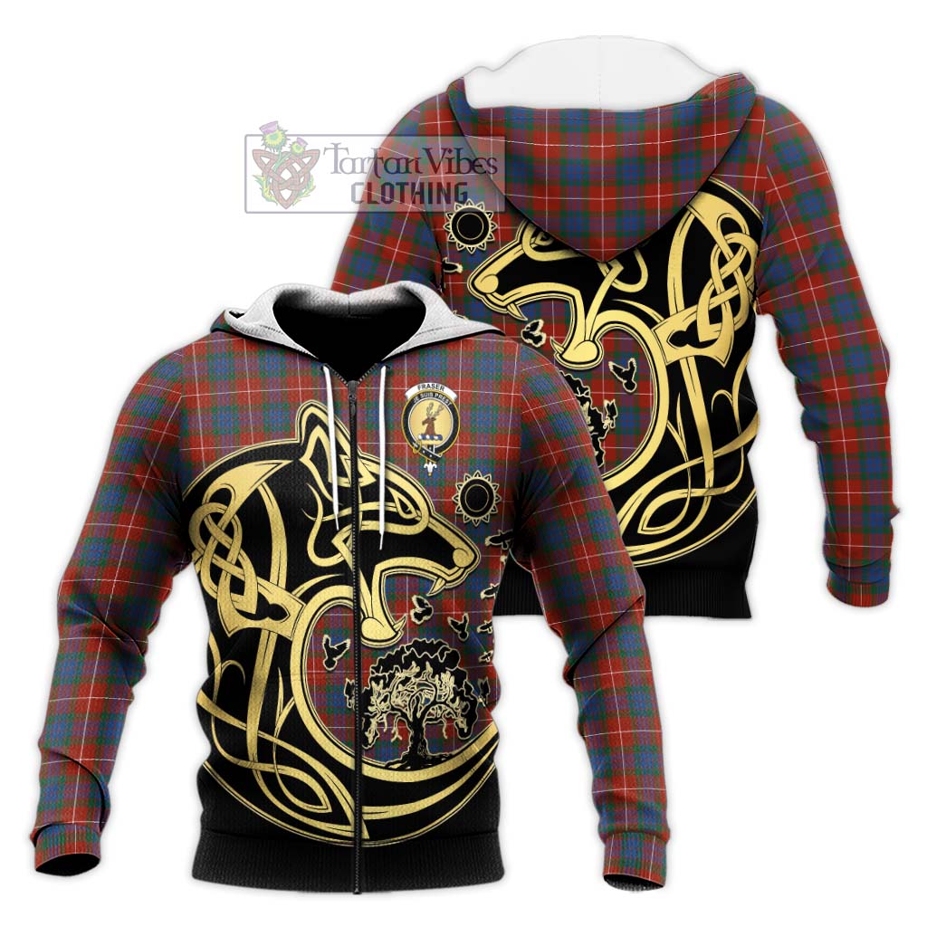 Tartan Vibes Clothing Fraser Ancient Tartan Knitted Hoodie with Family Crest Celtic Wolf Style