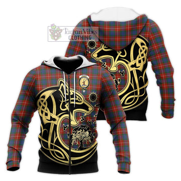 Fraser Ancient Tartan Knitted Hoodie with Family Crest Celtic Wolf Style