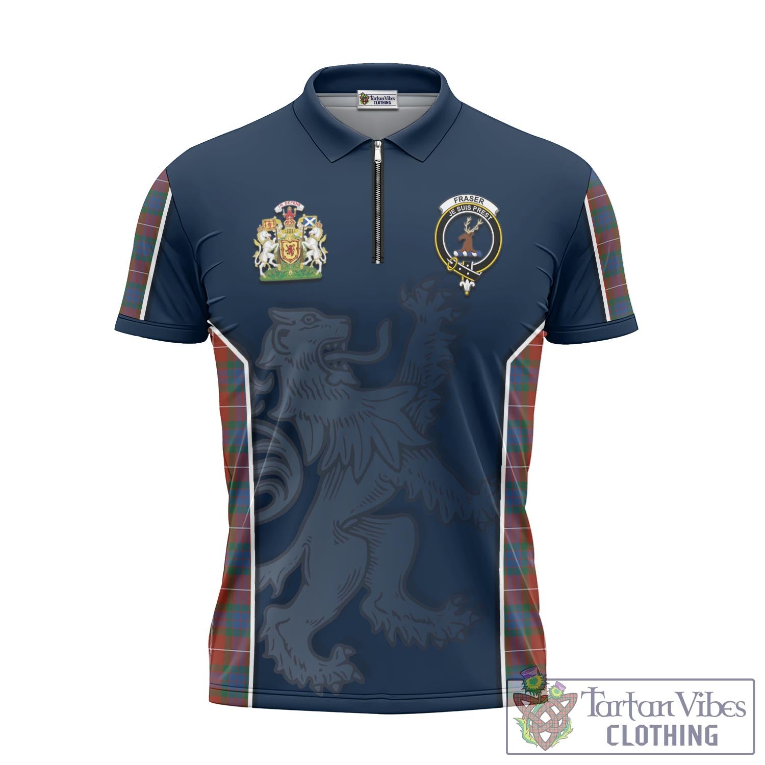 Tartan Vibes Clothing Fraser Ancient Tartan Zipper Polo Shirt with Family Crest and Lion Rampant Vibes Sport Style