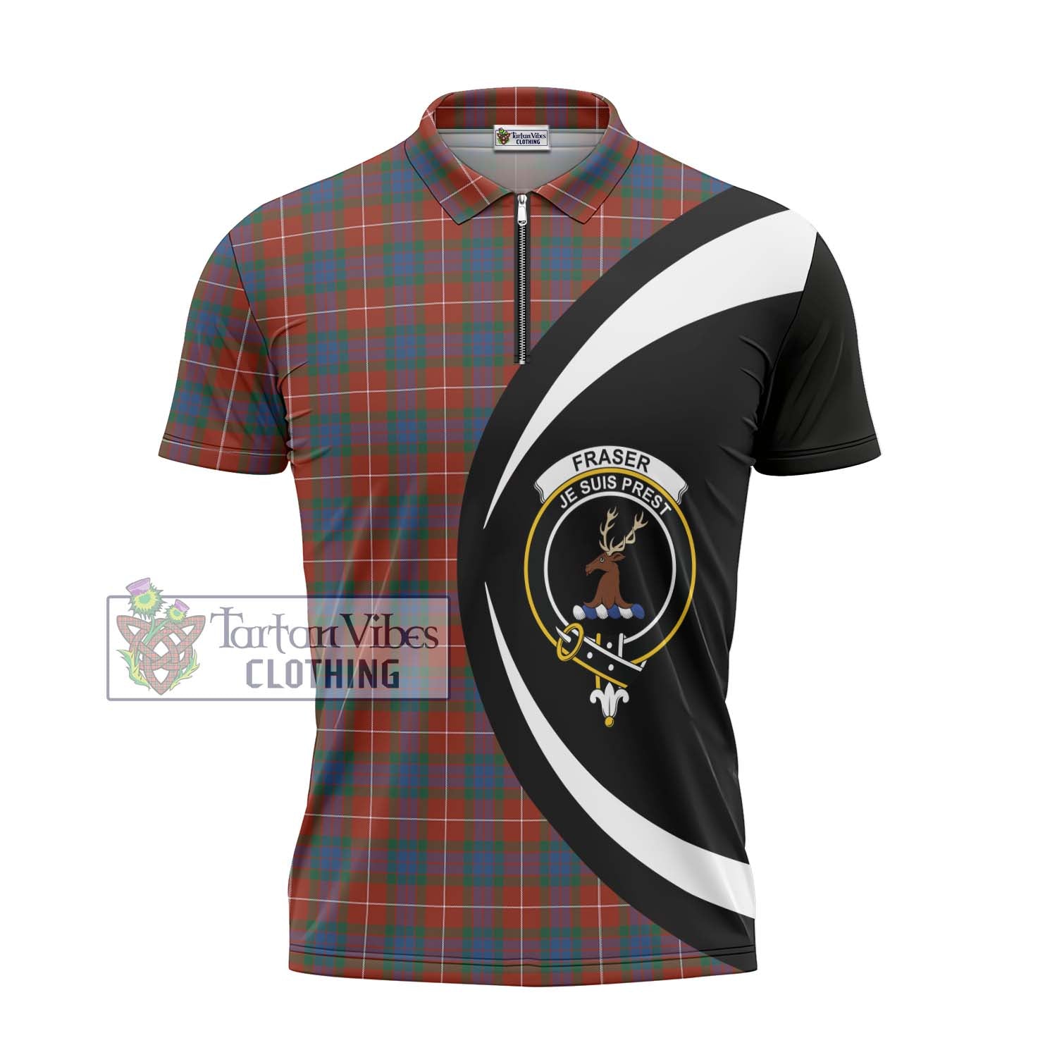 Tartan Vibes Clothing Fraser Ancient Tartan Zipper Polo Shirt with Family Crest Circle Style