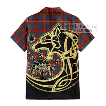 Fraser Ancient Tartan Short Sleeve Button Shirt with Family Crest Celtic Wolf Style