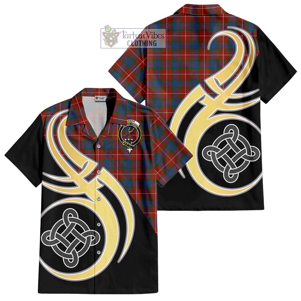 Fraser Ancient Tartan Short Sleeve Button Shirt with Family Crest and Celtic Symbol Style - Tartan Vibes Clothing