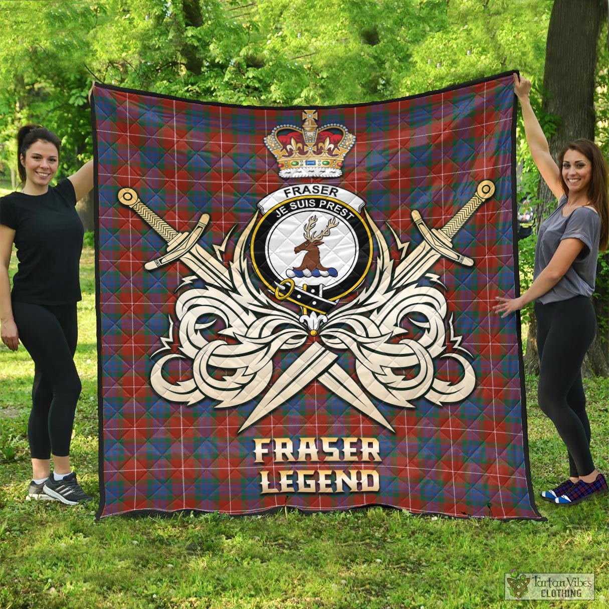 Tartan Vibes Clothing Fraser Ancient Tartan Quilt with Clan Crest and the Golden Sword of Courageous Legacy