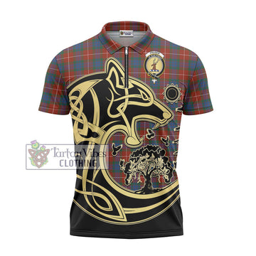 Fraser Ancient Tartan Zipper Polo Shirt with Family Crest Celtic Wolf Style