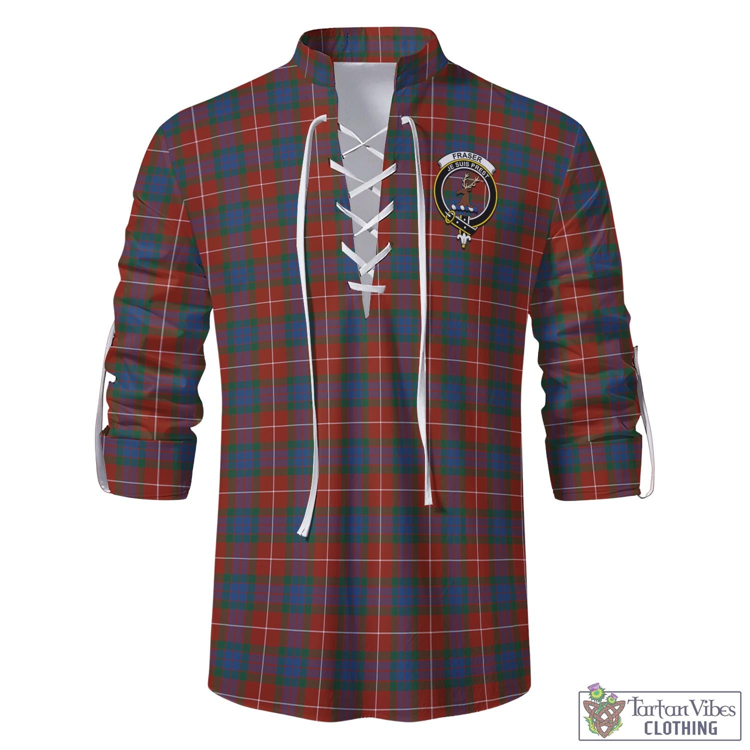 Tartan Vibes Clothing Fraser Ancient Tartan Men's Scottish Traditional Jacobite Ghillie Kilt Shirt with Family Crest