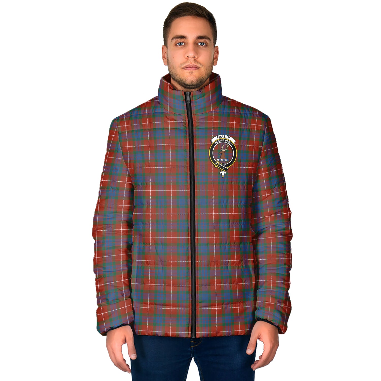 Fraser Ancient Tartan Padded Jacket with Family Crest - Tartan Vibes Clothing