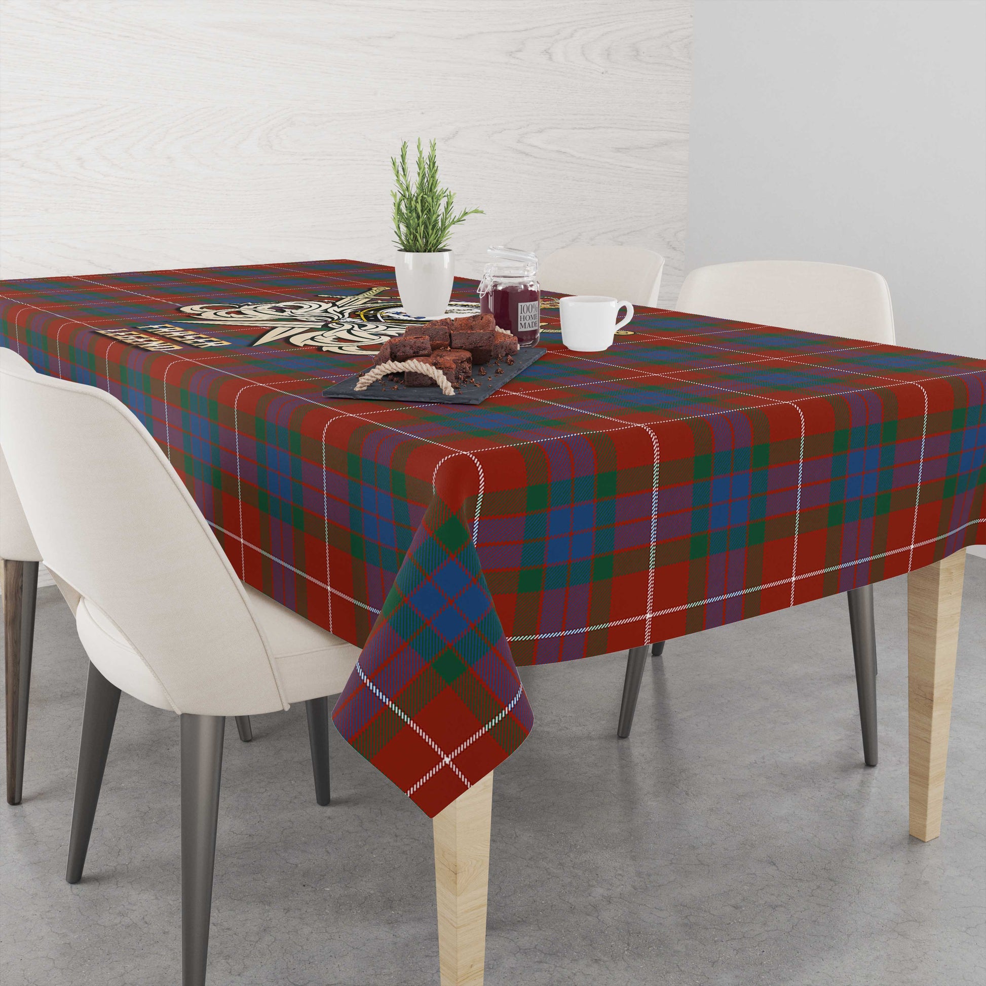 Tartan Vibes Clothing Fraser Ancient Tartan Tablecloth with Clan Crest and the Golden Sword of Courageous Legacy