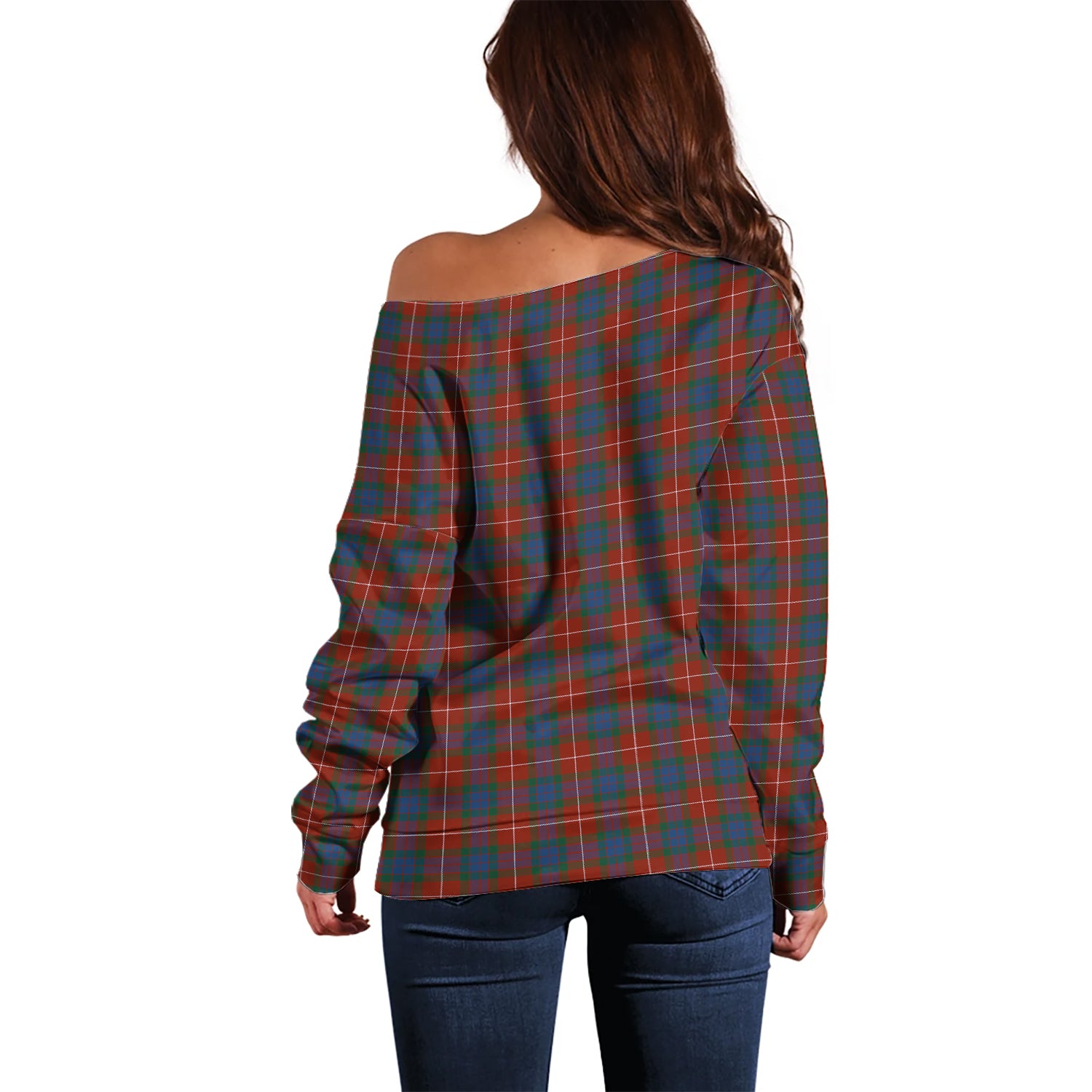 Fraser Ancient Tartan Off Shoulder Women Sweater with Family Crest - Tartanvibesclothing