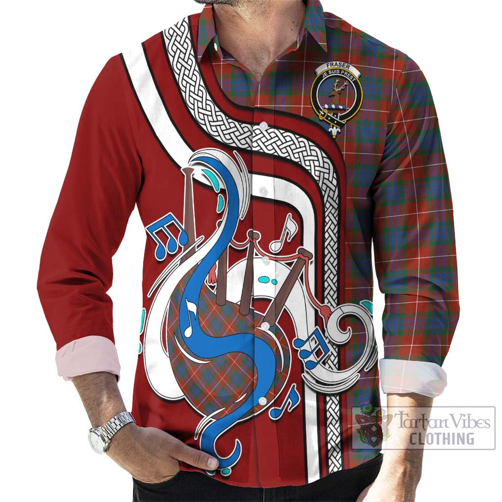 Fraser Ancient Tartan Long Sleeve Button Shirt with Epic Bagpipe Style - Tartanvibesclothing Shop