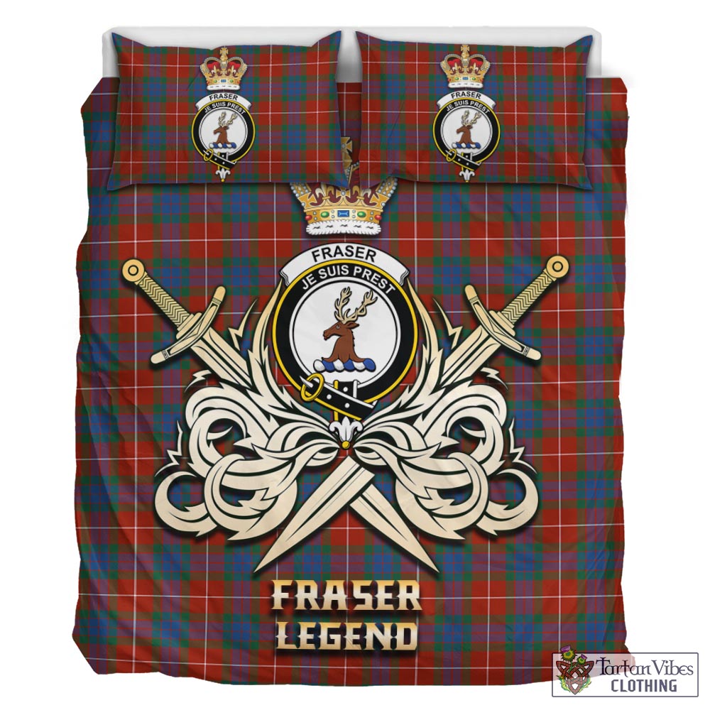 Tartan Vibes Clothing Fraser Ancient Tartan Bedding Set with Clan Crest and the Golden Sword of Courageous Legacy