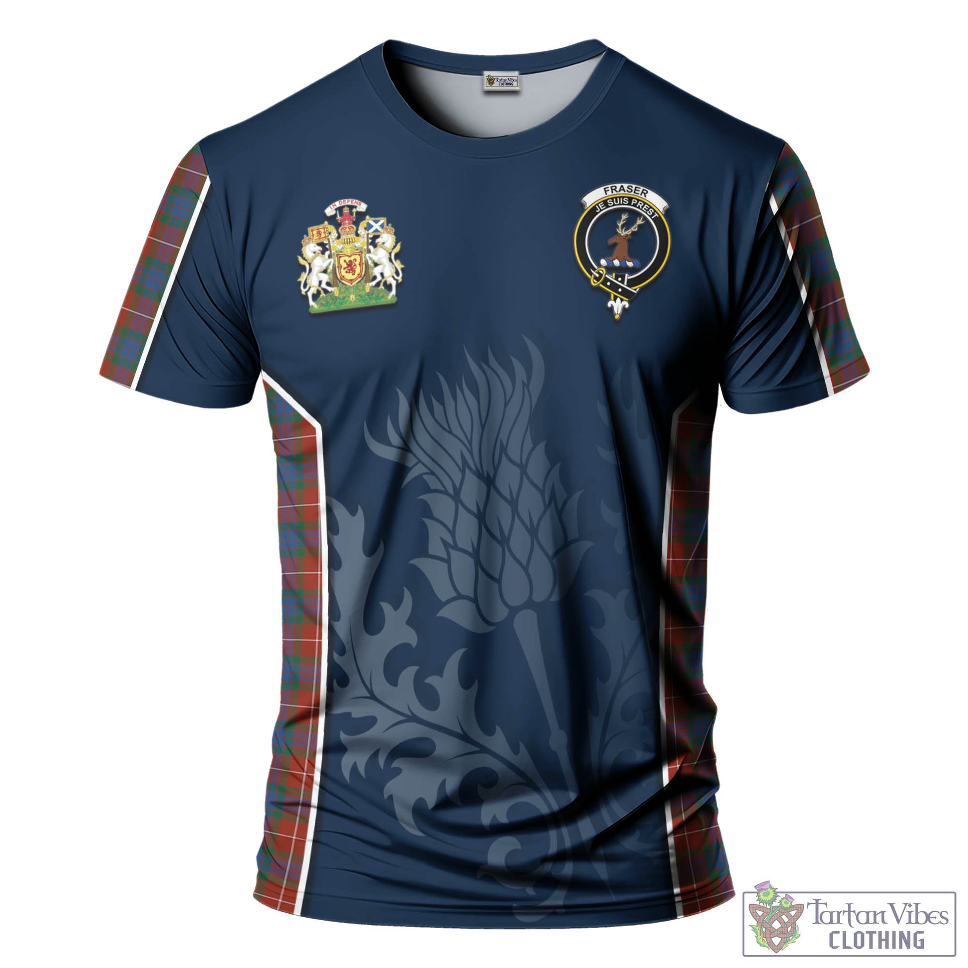 Tartan Vibes Clothing Fraser Ancient Tartan T-Shirt with Family Crest and Scottish Thistle Vibes Sport Style