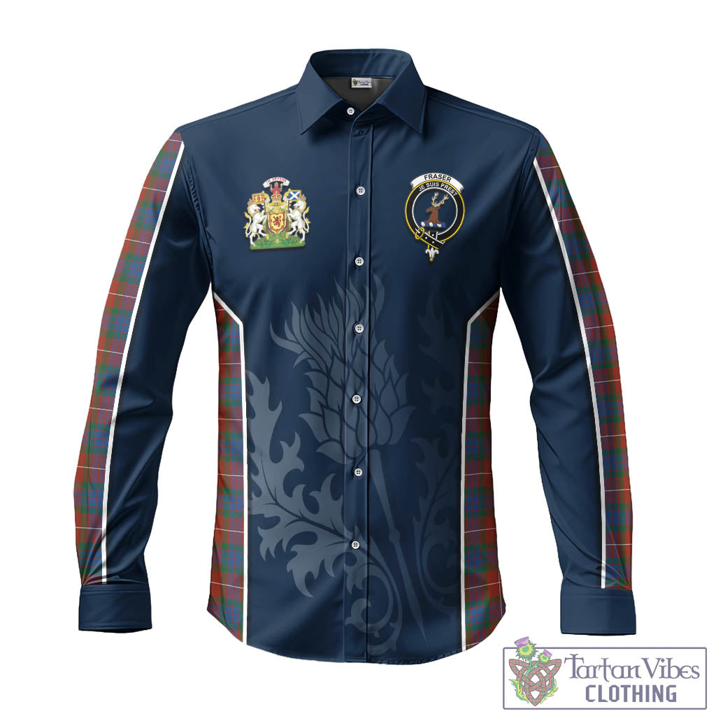 Tartan Vibes Clothing Fraser Ancient Tartan Long Sleeve Button Up Shirt with Family Crest and Scottish Thistle Vibes Sport Style