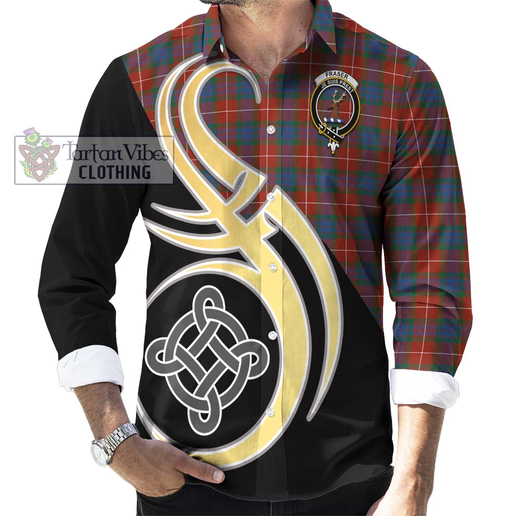 Fraser Ancient Tartan Long Sleeve Button Shirt with Family Crest and Celtic Symbol Style - Tartan Vibes Clothing