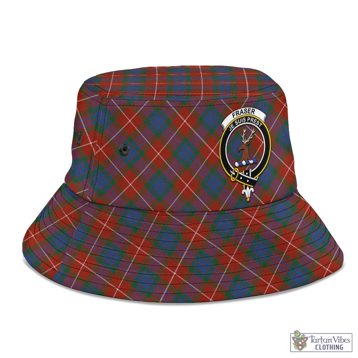 Tartan Vibes Clothing Fraser Ancient Tartan Bucket Hat with Family Crest