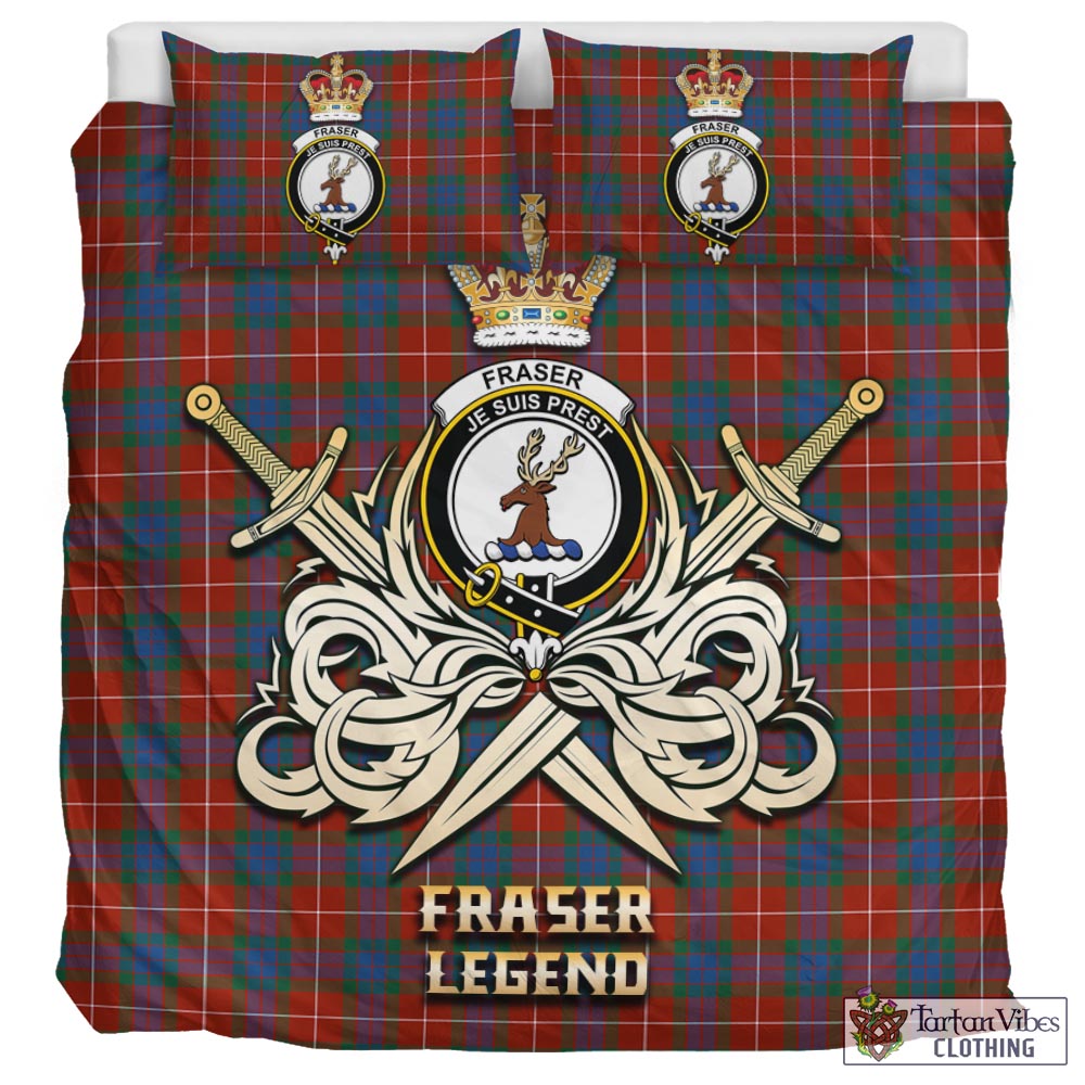 Tartan Vibes Clothing Fraser Ancient Tartan Bedding Set with Clan Crest and the Golden Sword of Courageous Legacy