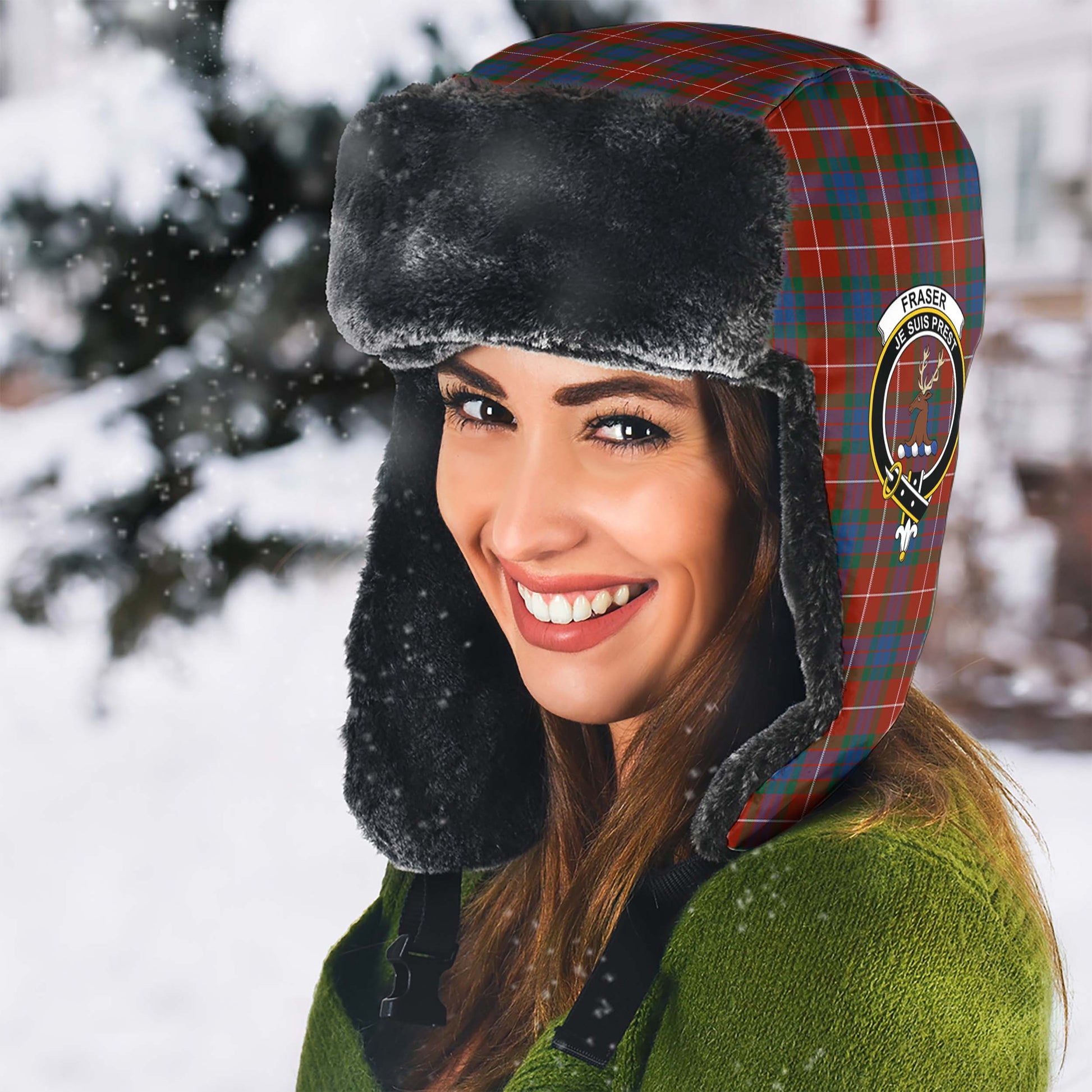 Fraser Ancient Tartan Winter Trapper Hat with Family Crest - Tartanvibesclothing