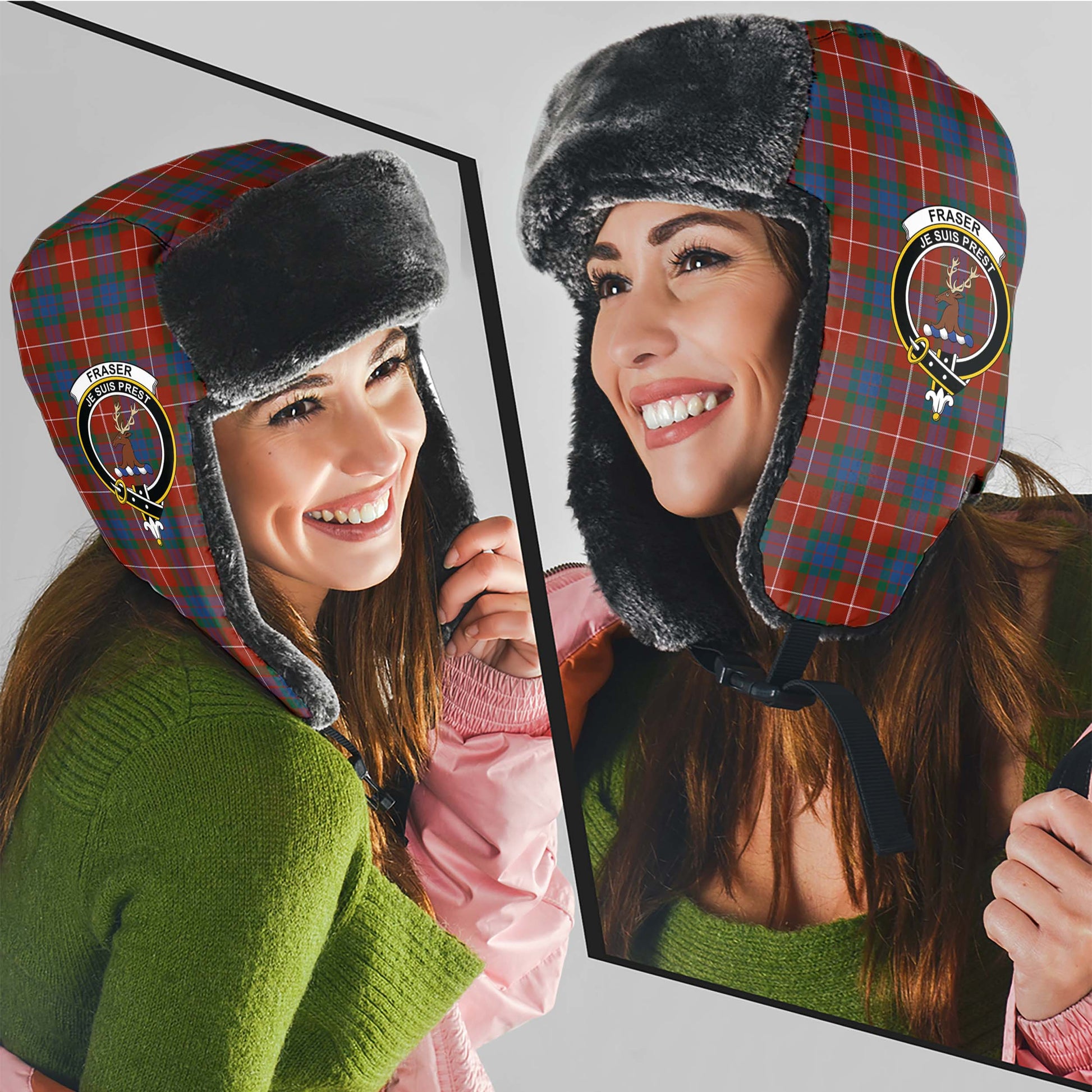 Fraser Ancient Tartan Winter Trapper Hat with Family Crest - Tartanvibesclothing