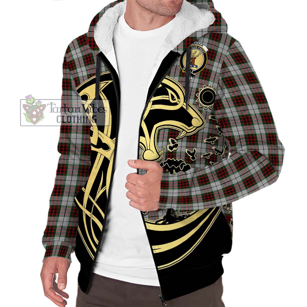 Fraser Dress Tartan Sherpa Hoodie with Family Crest Celtic Wolf Style Unisex S - Tartan Vibes Clothing