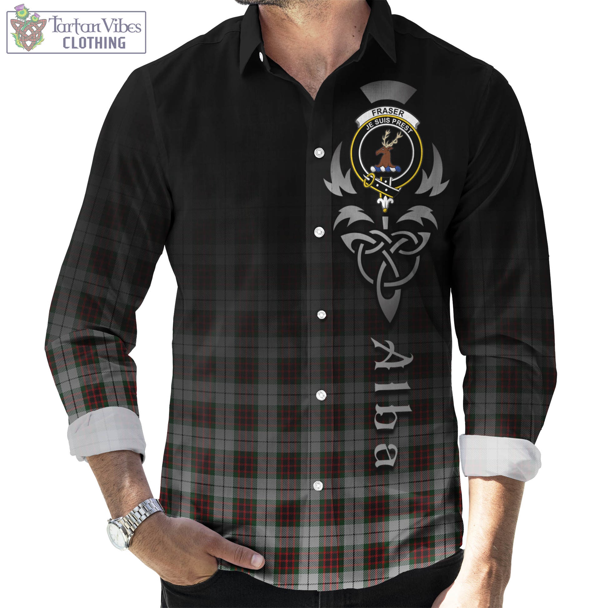 Tartan Vibes Clothing Fraser Dress Tartan Long Sleeve Button Up Featuring Alba Gu Brath Family Crest Celtic Inspired