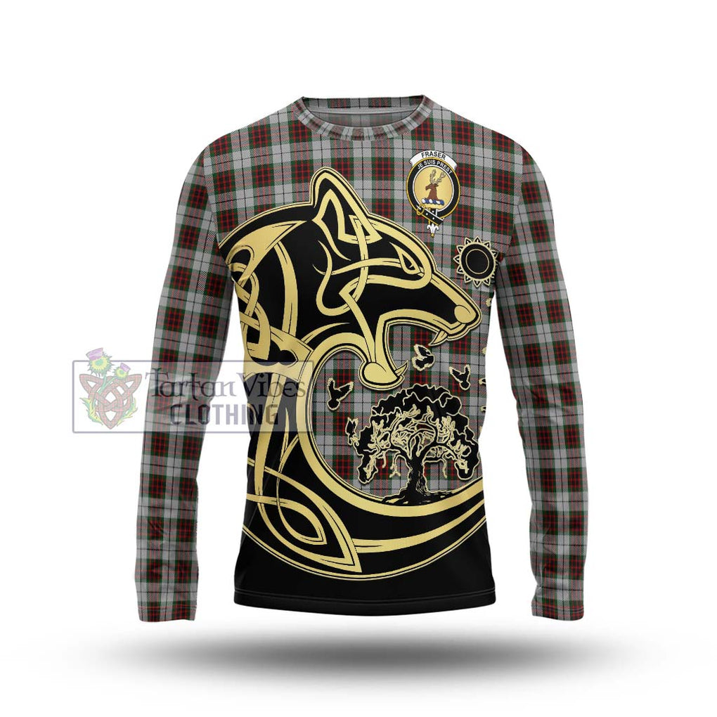 Fraser Dress Tartan Long Sleeve T-Shirt with Family Crest Celtic Wolf Style Unisex - Tartan Vibes Clothing