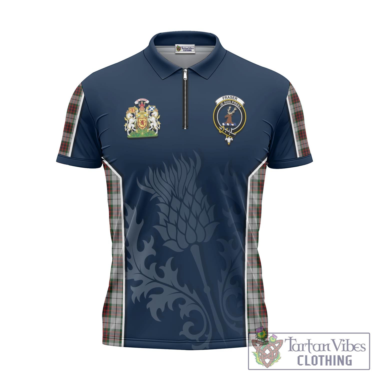 Tartan Vibes Clothing Fraser Dress Tartan Zipper Polo Shirt with Family Crest and Scottish Thistle Vibes Sport Style