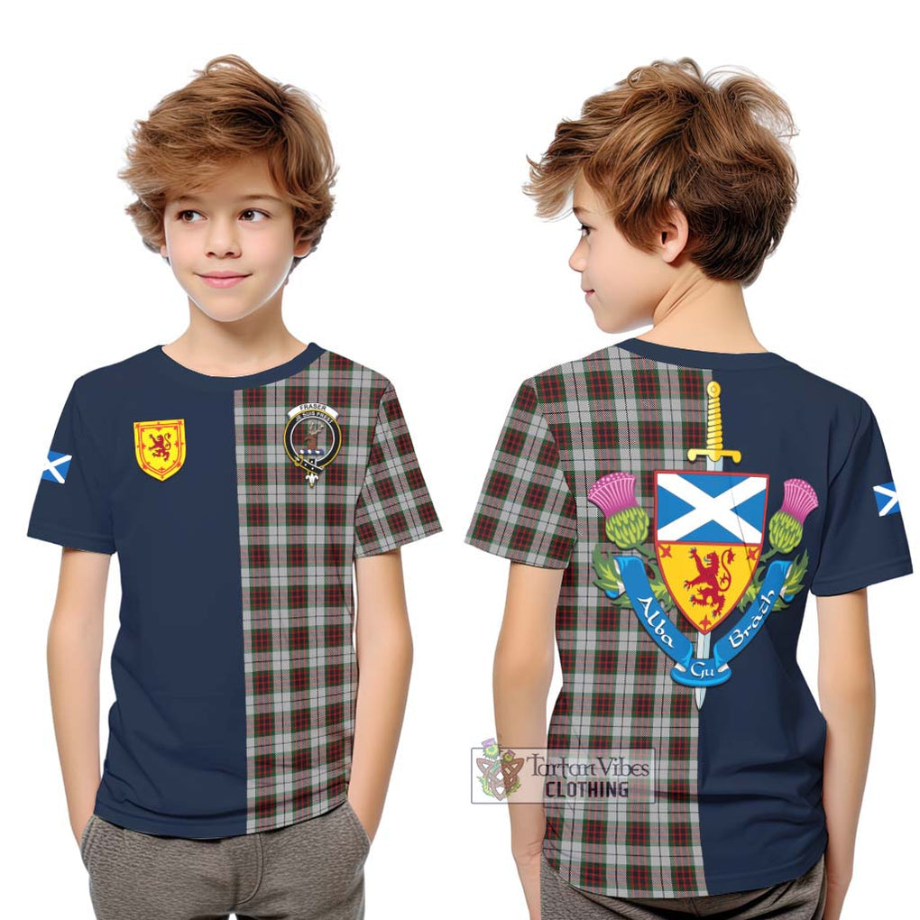 Tartan Vibes Clothing Fraser Dress Tartan Kid T-Shirt with Scottish Lion Royal Arm Half Style