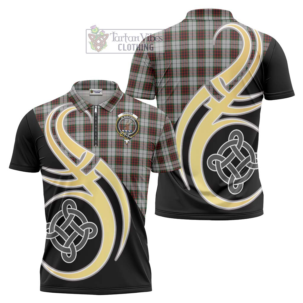 Tartan Vibes Clothing Fraser Dress Tartan Zipper Polo Shirt with Family Crest and Celtic Symbol Style