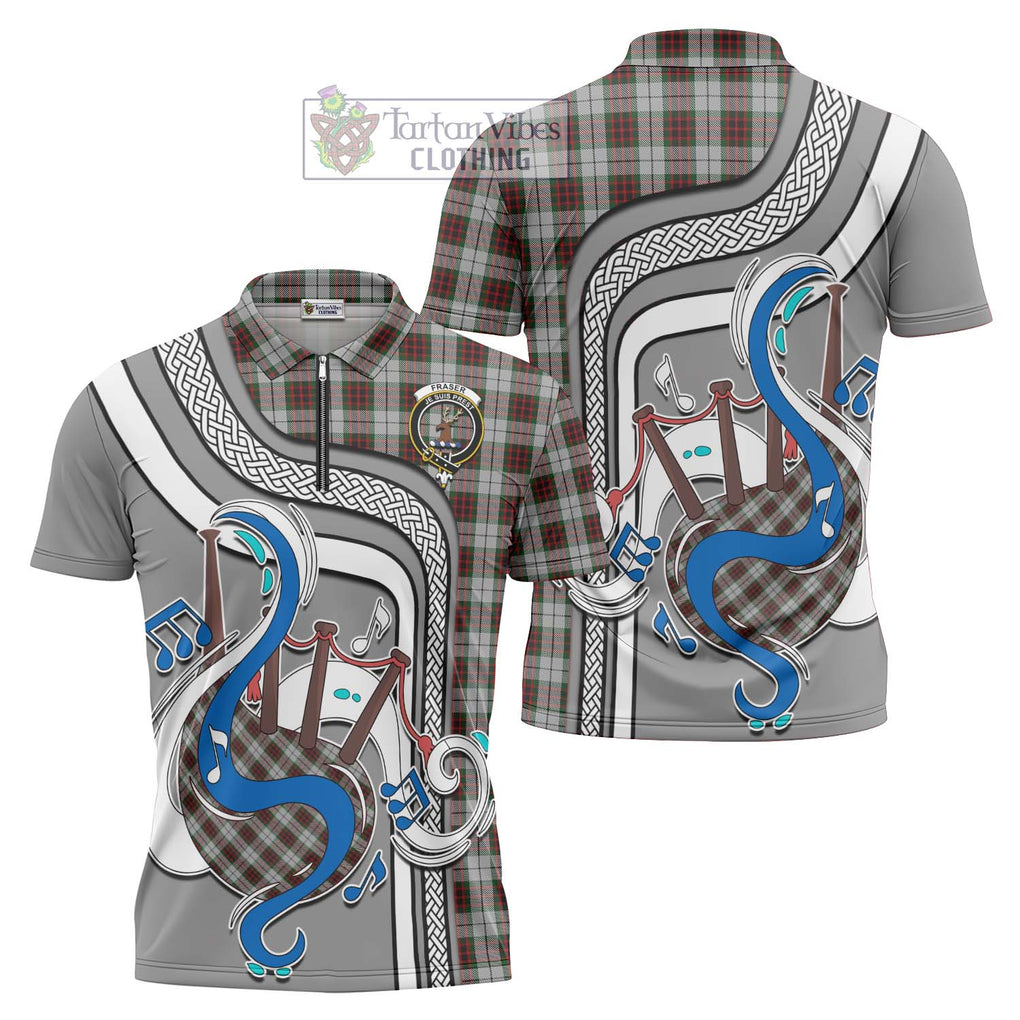 Fraser Dress Tartan Zipper Polo Shirt with Epic Bagpipe Style Unisex - Tartanvibesclothing Shop