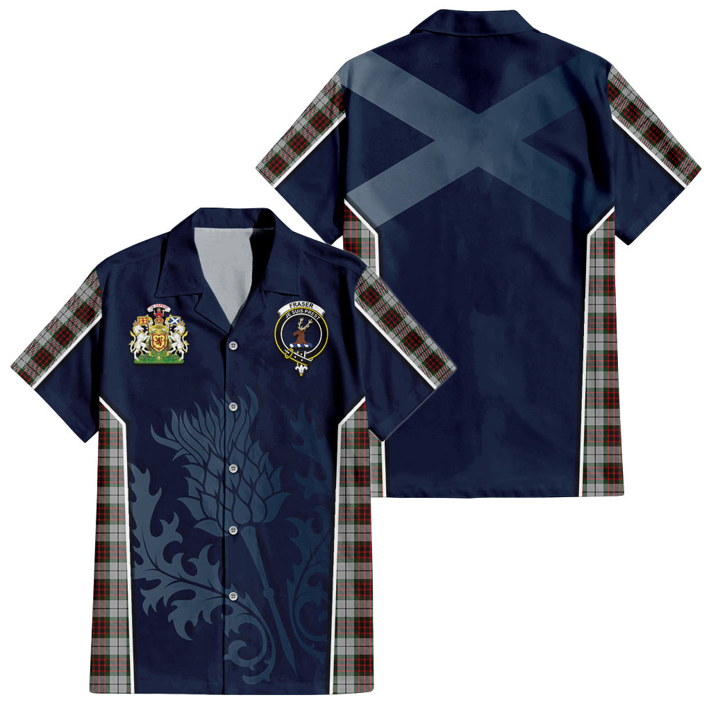 Tartan Vibes Clothing Fraser Dress Tartan Short Sleeve Button Up Shirt with Family Crest and Scottish Thistle Vibes Sport Style