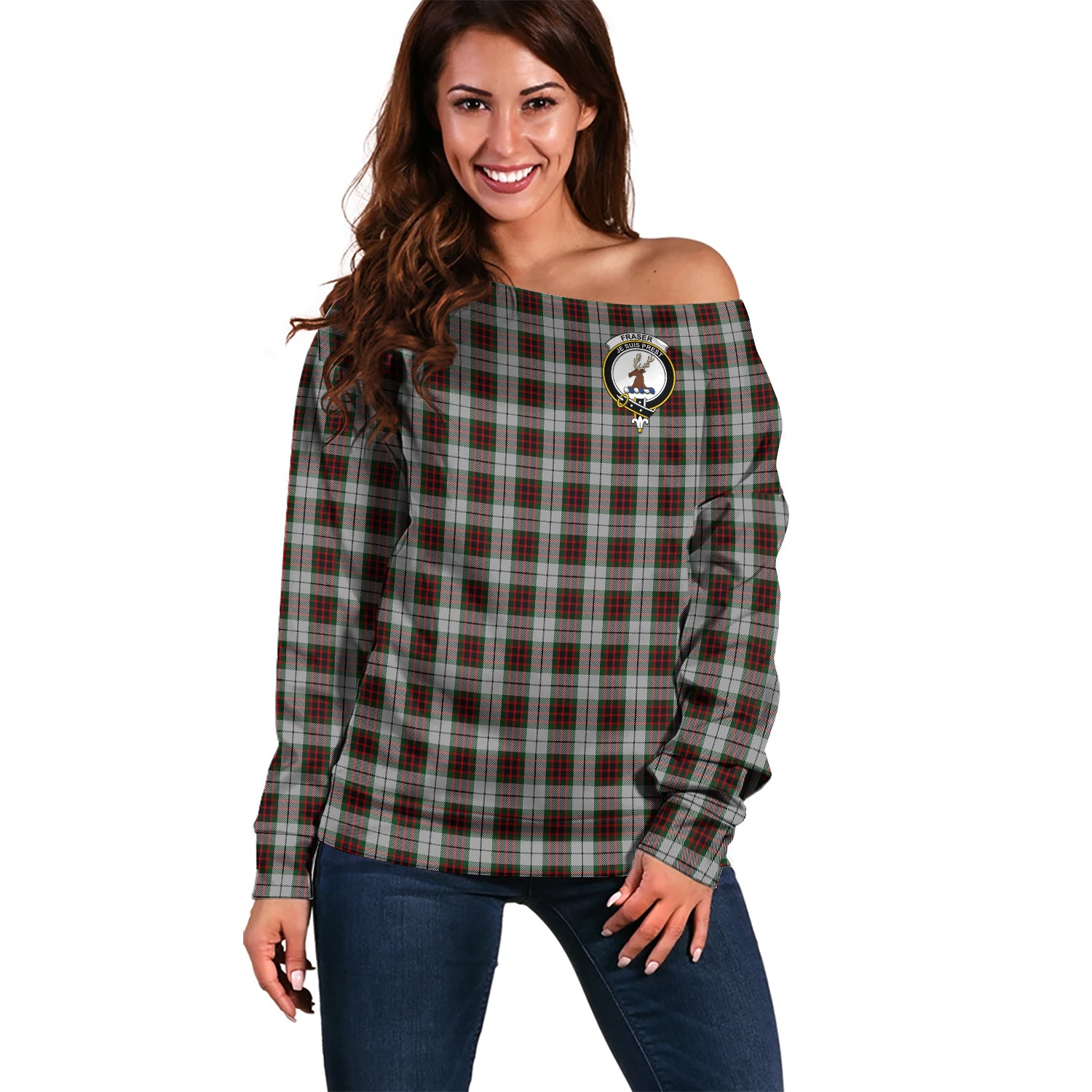 Fraser Dress Tartan Off Shoulder Women Sweater with Family Crest Women - Tartanvibesclothing