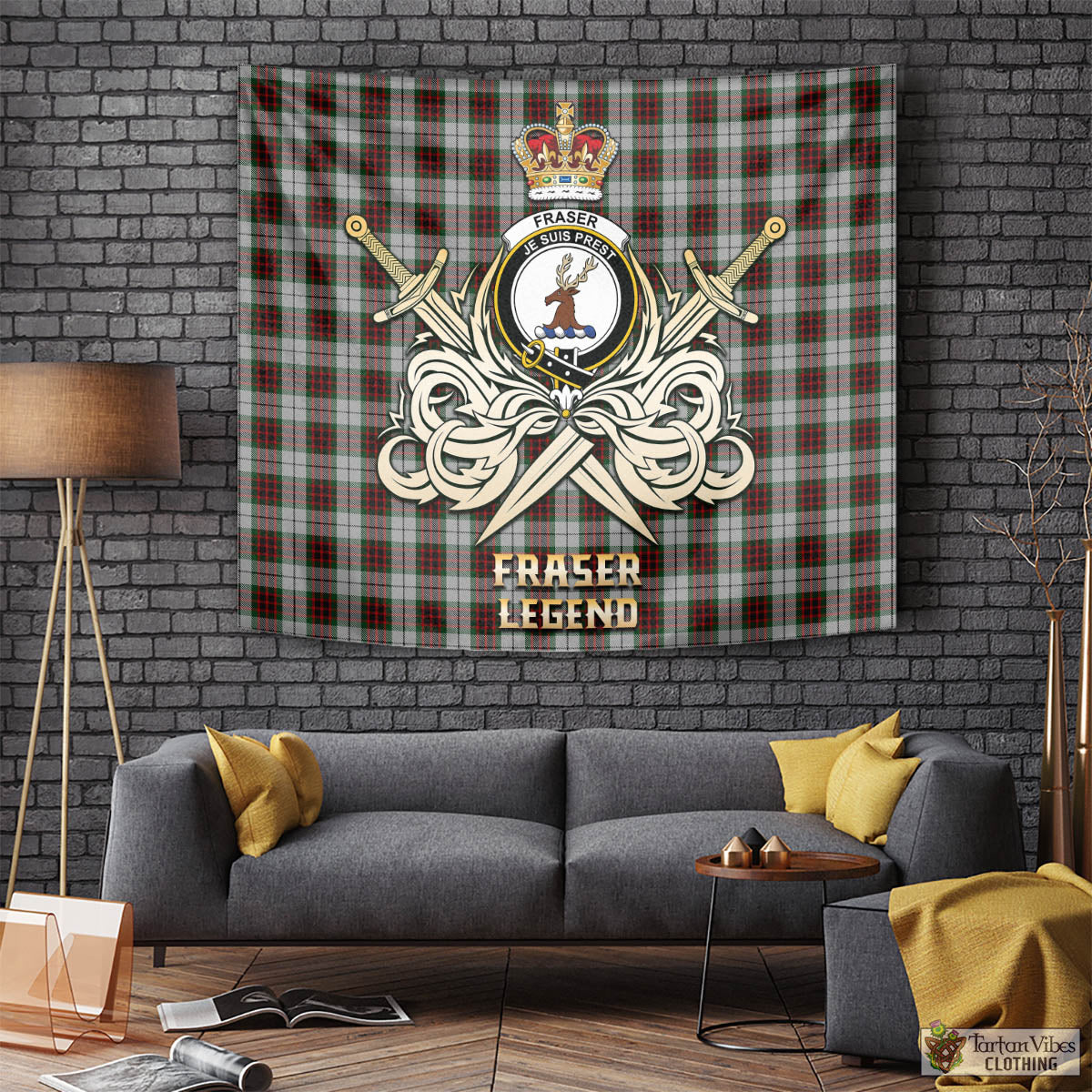 Tartan Vibes Clothing Fraser Dress Tartan Tapestry with Clan Crest and the Golden Sword of Courageous Legacy