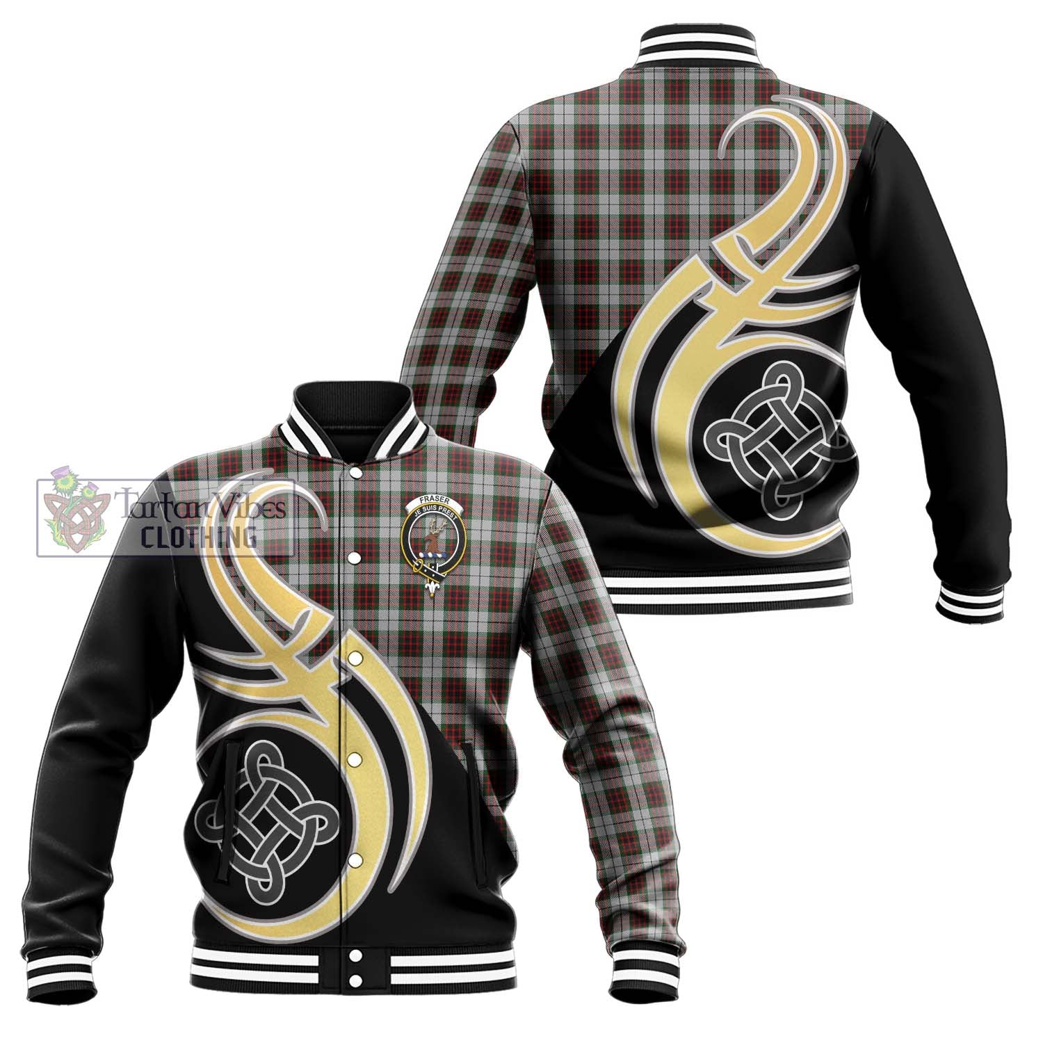 Fraser Dress Tartan Baseball Jacket with Family Crest and Celtic Symbol Style Unisex - Tartan Vibes Clothing