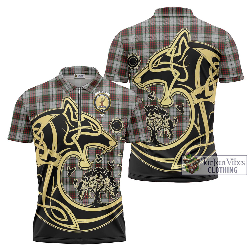 Fraser Dress Tartan Zipper Polo Shirt with Family Crest Celtic Wolf Style Unisex - Tartanvibesclothing Shop