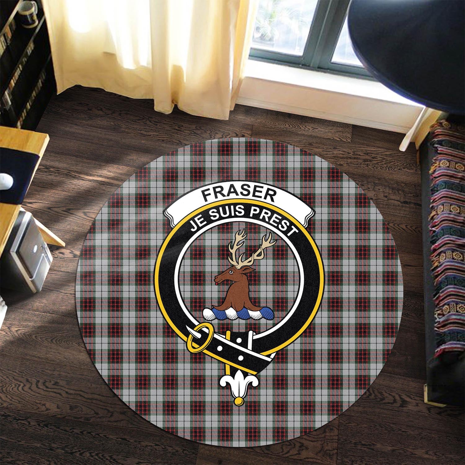 Fraser Dress Tartan Round Rug with Family Crest - Tartanvibesclothing