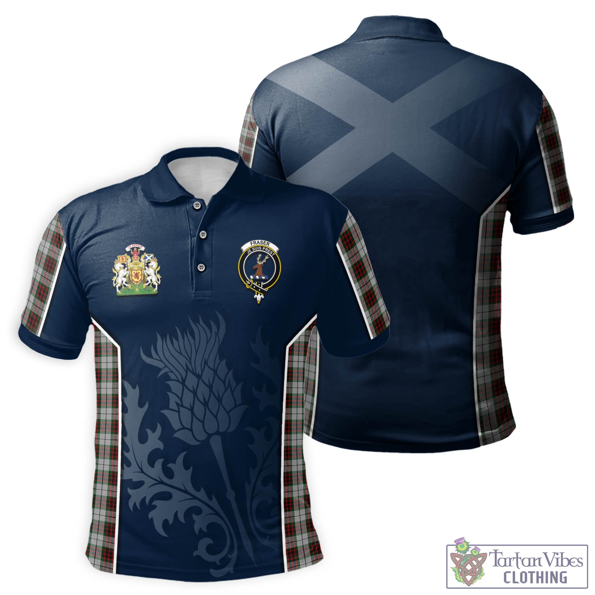 Tartan Vibes Clothing Fraser Dress Tartan Men's Polo Shirt with Family Crest and Scottish Thistle Vibes Sport Style